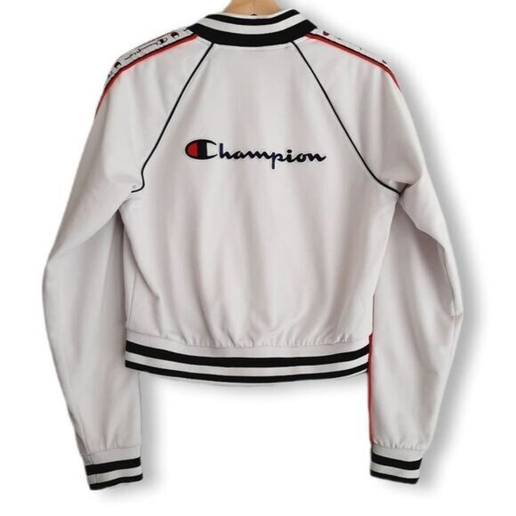 CHAMPION Retro Style Full Zip Athletic Track Jacket White w/ Logo Sz S Flawed - Picture 2 of 15